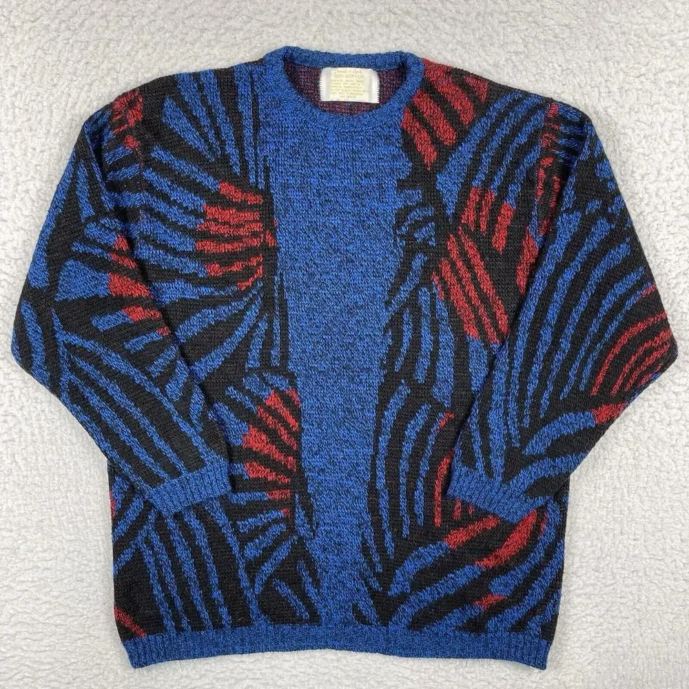 Vintage Sweater‎ Womens Large Blue Red Pullover Artsy Casual Workwear Academia